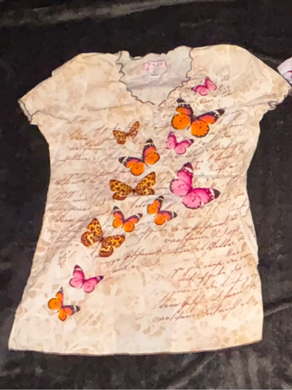 koi Beige Short Sleeve Scrub Top with Pink and Orange Butterflies